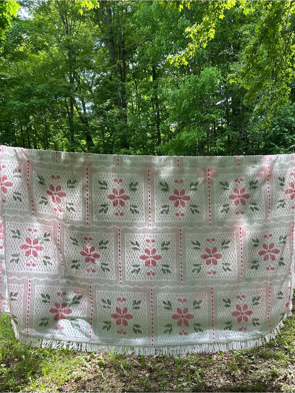 Vintage Chenille Bedspread Queen- Pink & Green Grandma MCM Cottage